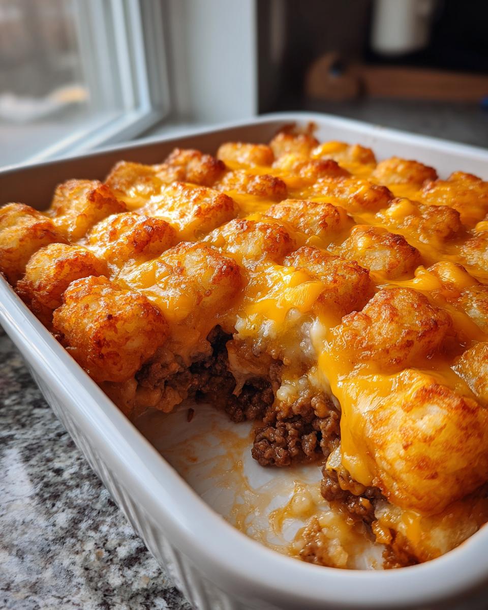 Close-up of a baked tater tot casserole topped with crispy tots and melted cheddar cheese, showing a scoop removed.