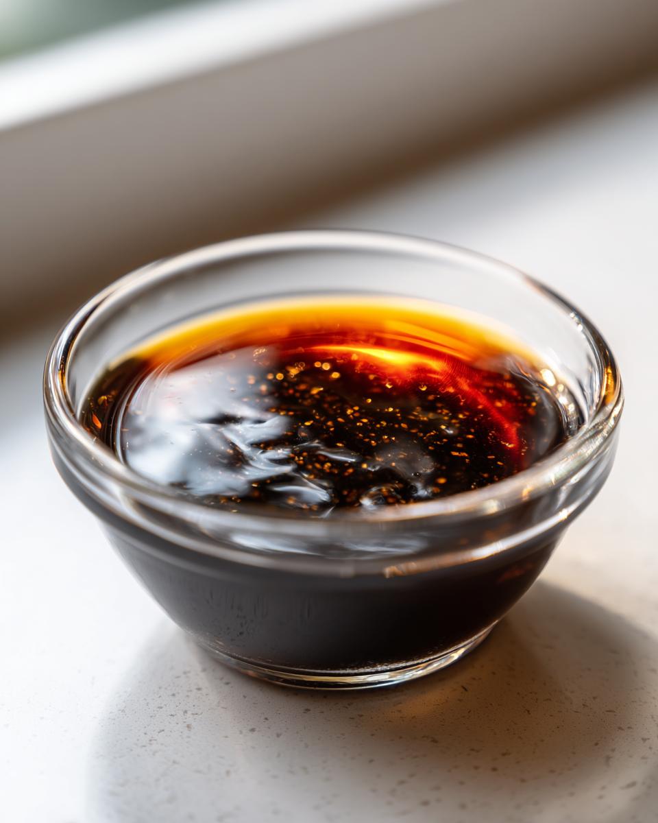 Close-up of thick, dark homemade teriyaki sauce glistening in a small glass bowl.