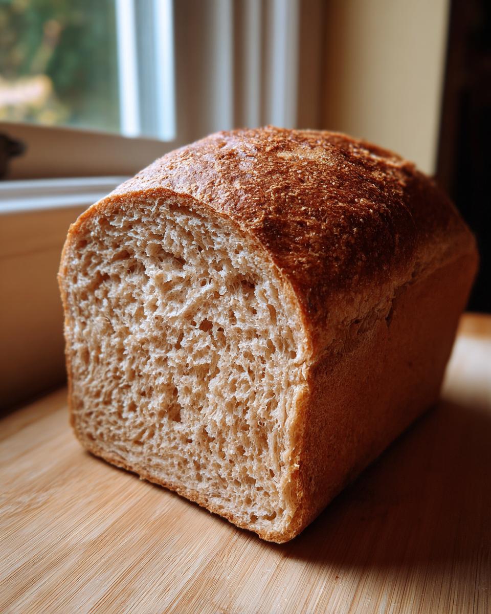 A freshly baked loaf of whole wheat bread, showing a soft, open crumb texture, resting on a wooden cutting board.