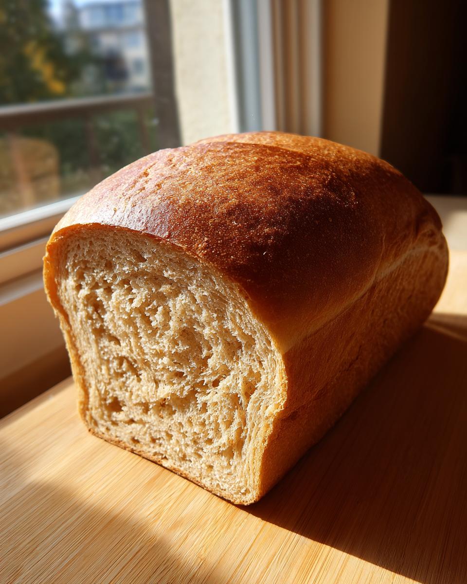 A beautiful loaf of homemade whole wheat bread, sliced to show the soft interior, resting on a wooden cutting board.