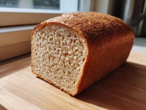 A close-up of a freshly baked whole wheat bread loaf, showing the soft, open crumb texture.