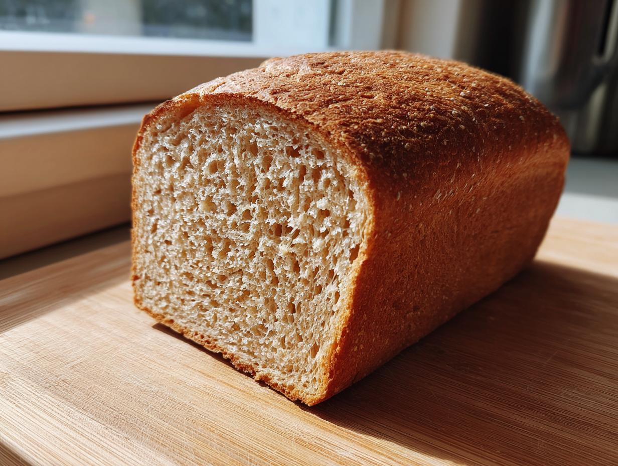 A close-up of a freshly baked whole wheat bread loaf, showing the soft, open crumb texture.