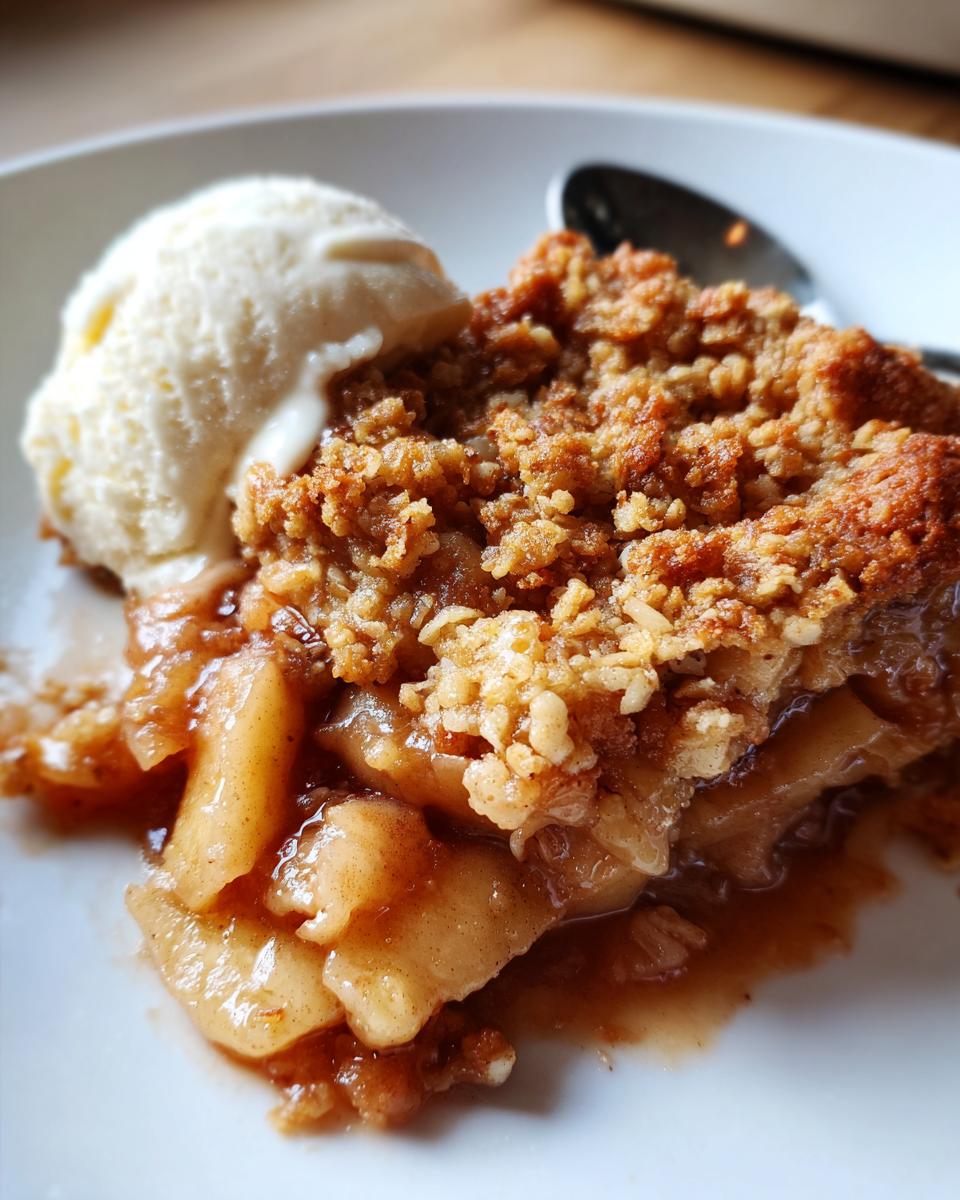 Close-up of a serving of warm apple crisp recipe topped with melting vanilla ice cream on a white plate.