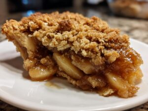 A close-up, mouthwatering slice of apple crisp recipe showing gooey cinnamon apples under a thick, crumbly oat topping.