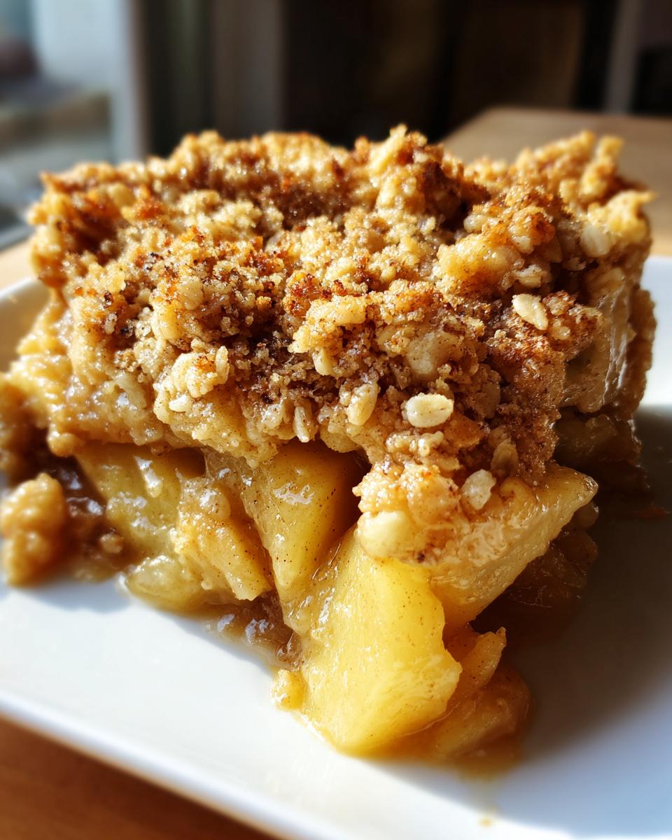 Close-up of a warm, gooey serving of apple crisp recipe showing tender baked apples and a crunchy oat topping.