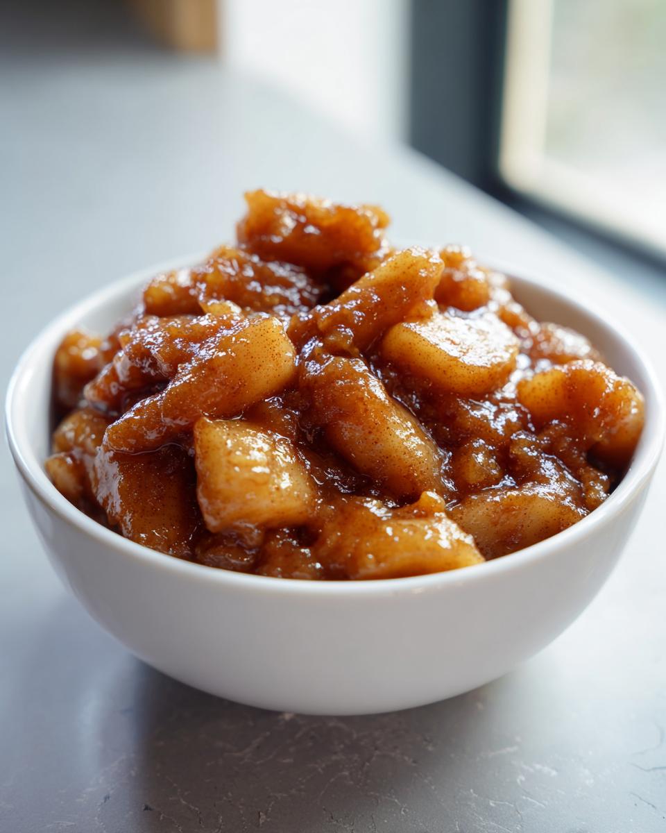 Close-up of thick, spiced apple pie filling recipe in a small white bowl.