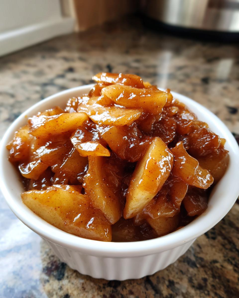 Close-up of thick, glossy apple pie filling recipe served in a small white bowl on a granite counter.