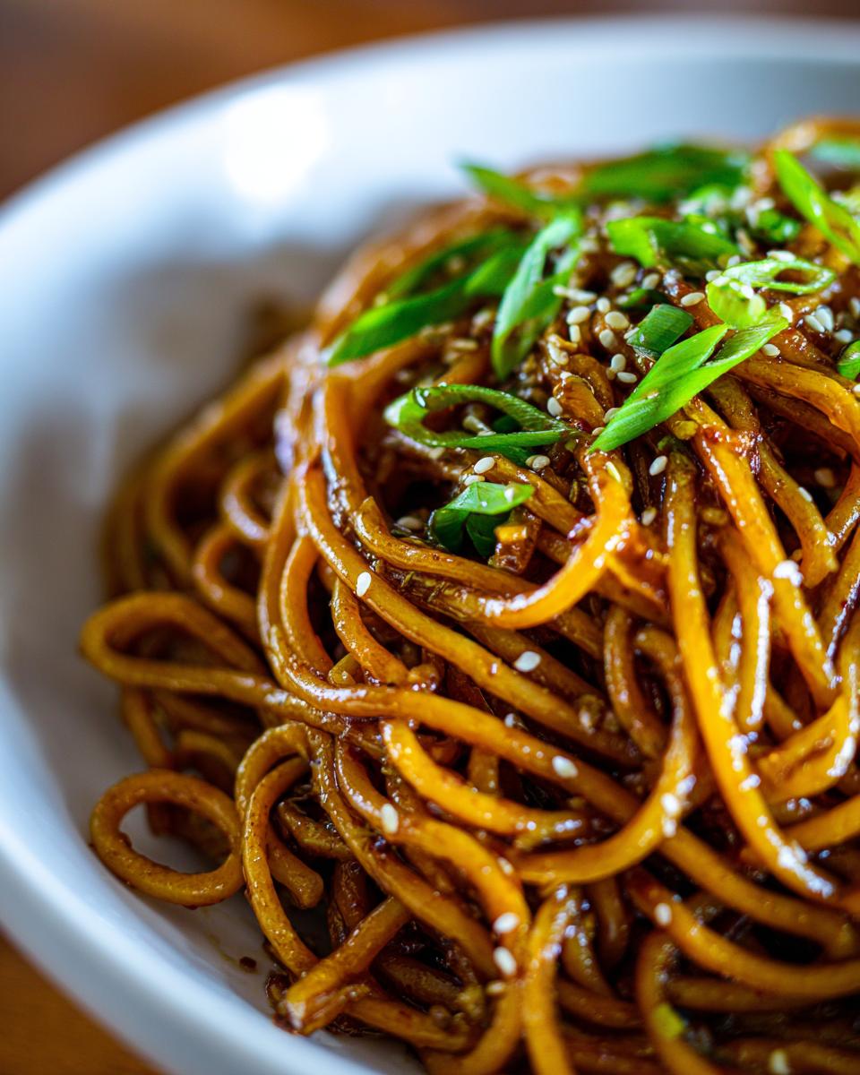 Close-up of glossy, saucy Asian garlic noodles topped with sliced green onions and sesame seeds.