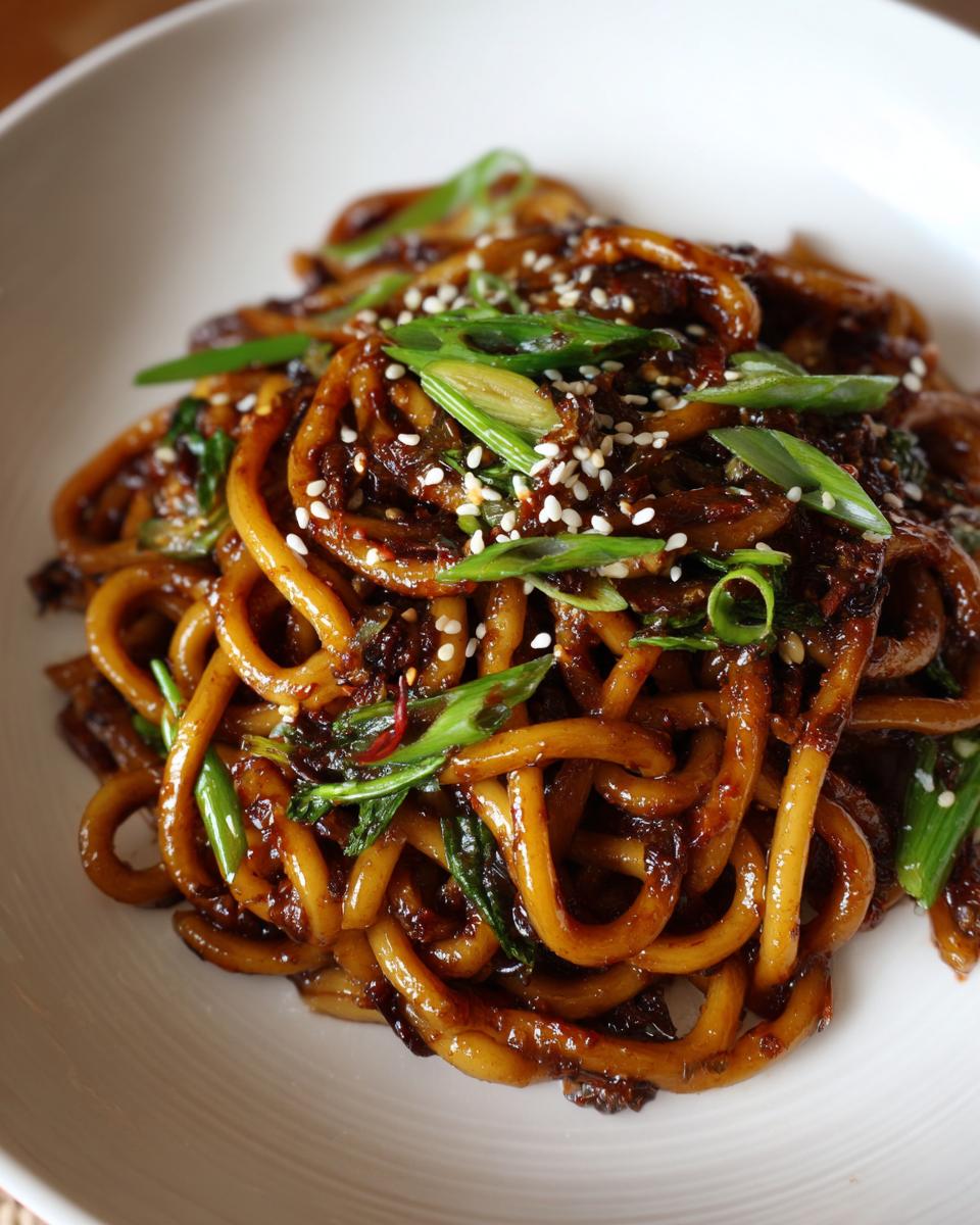 Thick, glossy noodles coated in dark sauce, served as ultimate Asian garlic noodles, topped with green onions and sesame seeds.