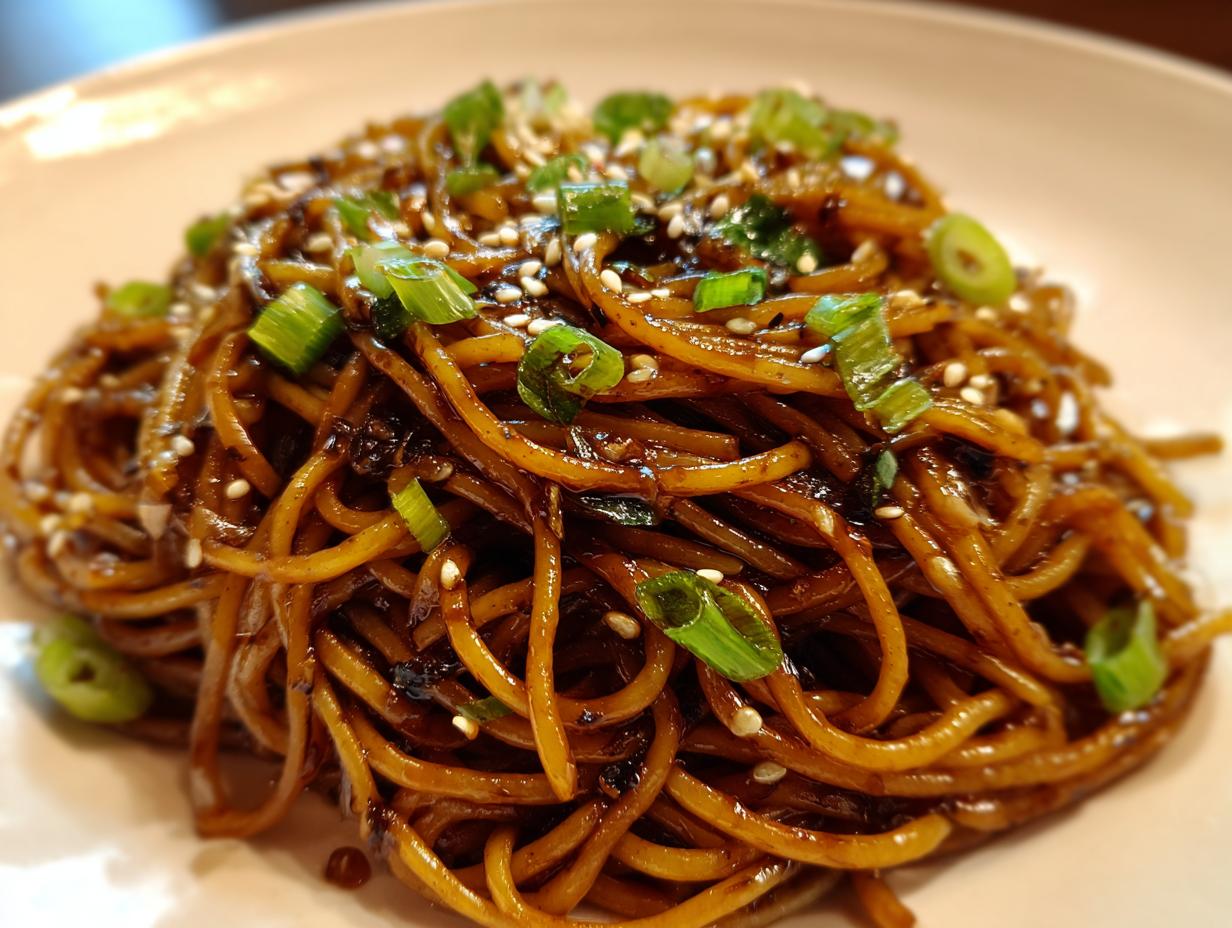 A close-up shot of a serving of glossy, dark brown Asian garlic noodles topped with sliced green onions and sesame seeds.