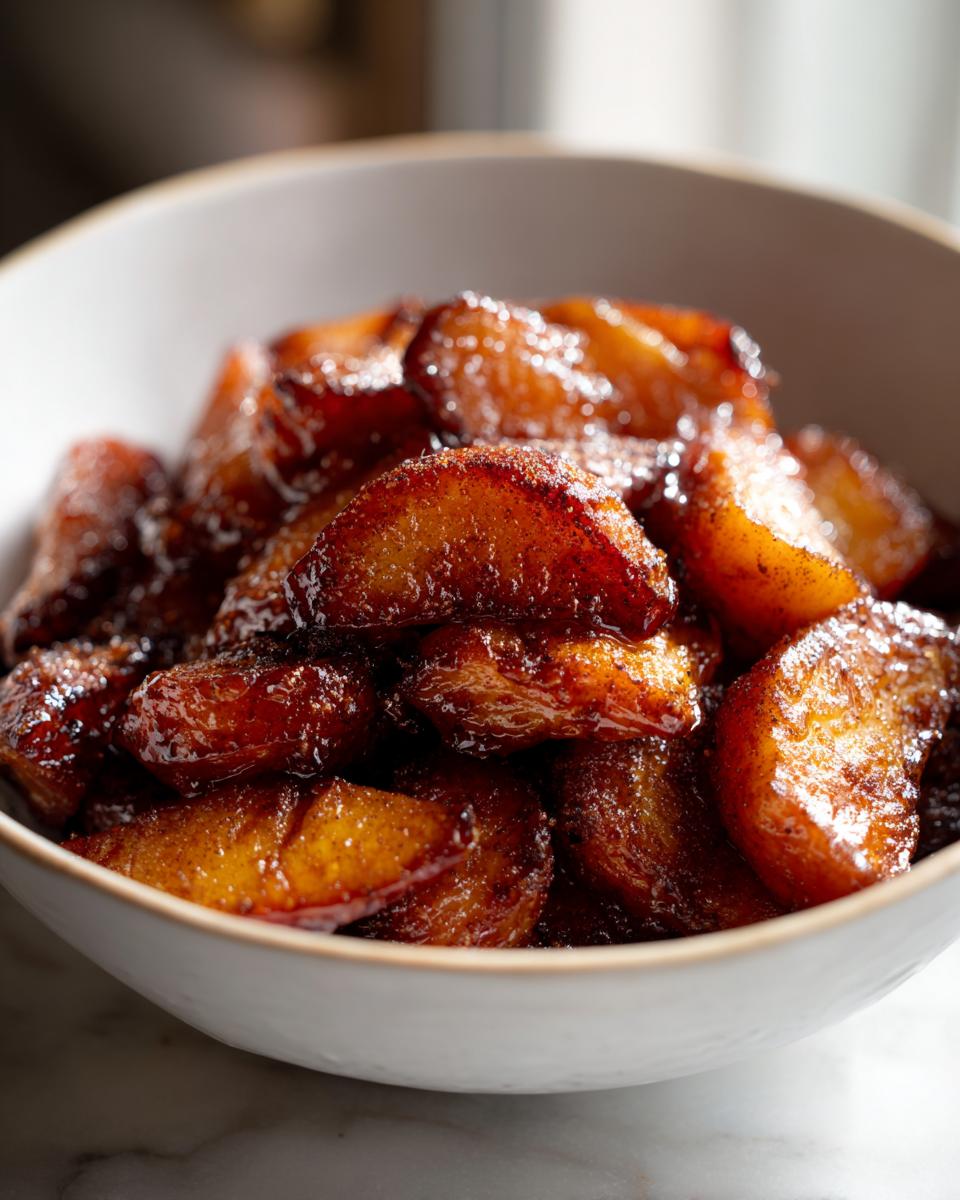 Close-up of caramelized, cinnamon-dusted slices of baked apple piled high in a white bowl.