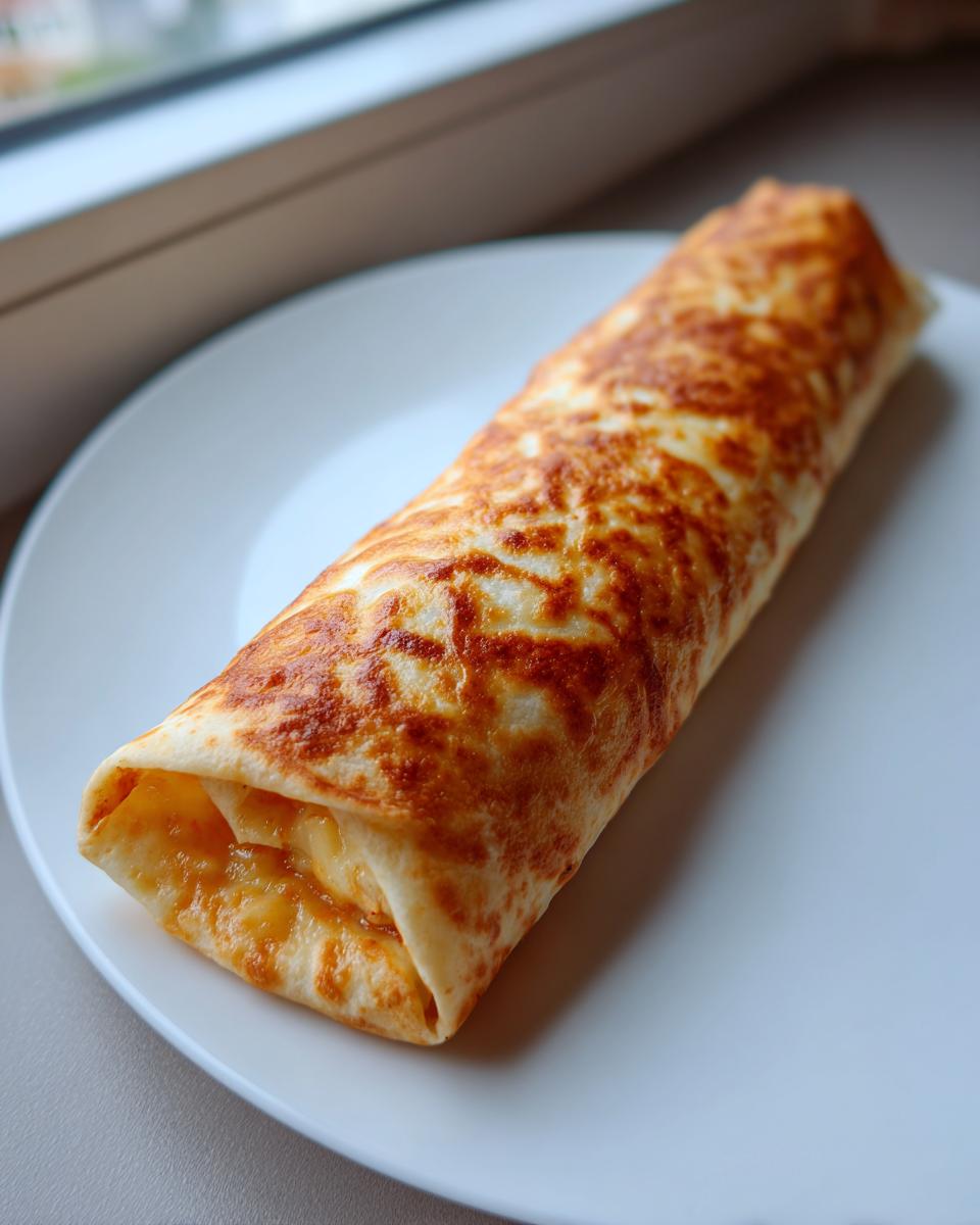 A single, golden-brown baked chicken chimichanga resting on a white plate near a window.