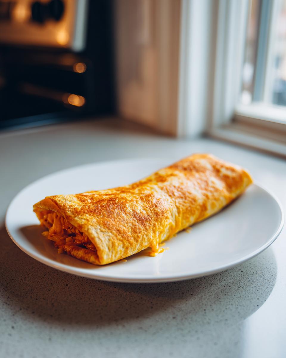 A single, golden-brown Baked Chicken Chimichanga resting on a white plate on a speckled countertop.