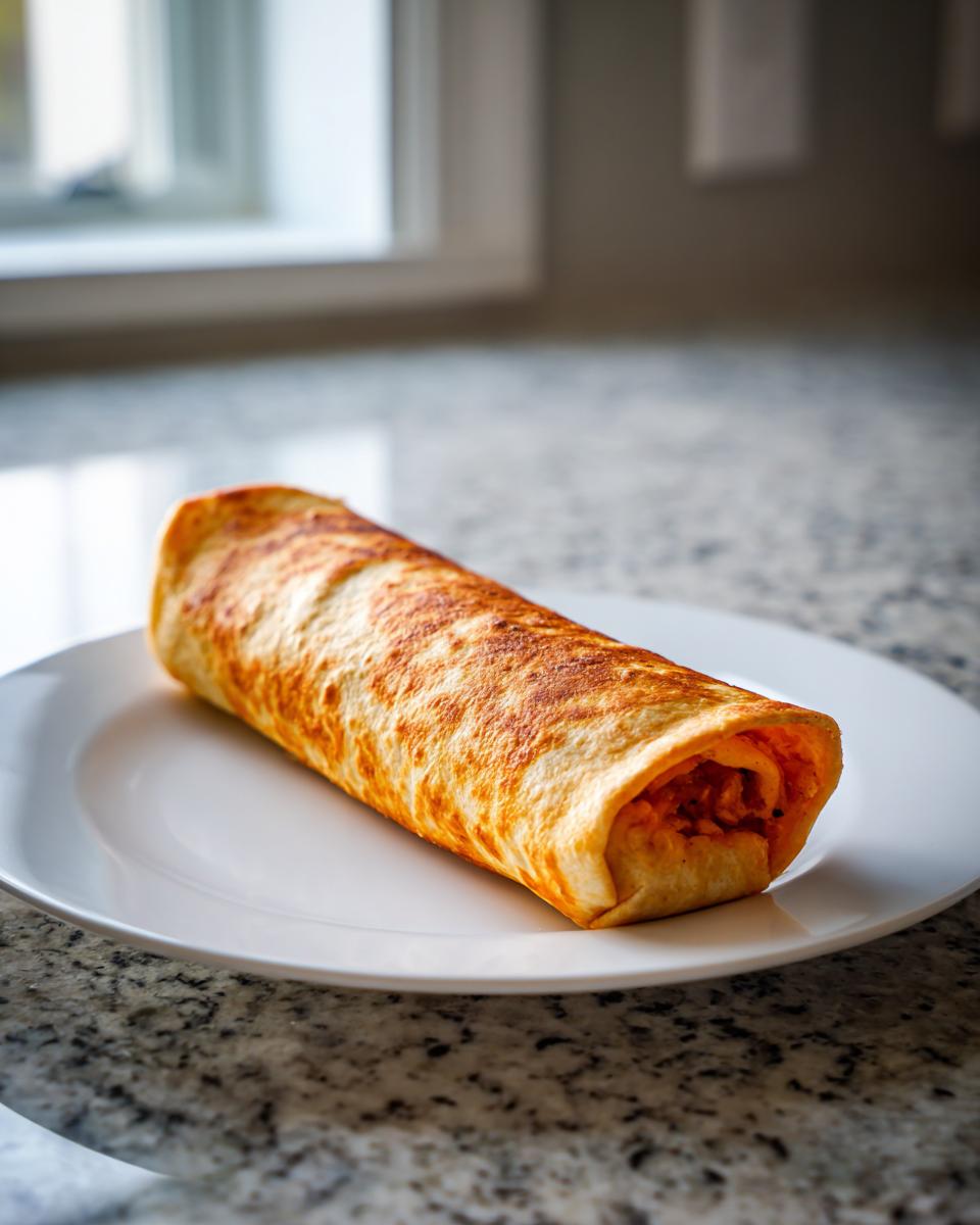 A single, golden-brown baked chicken chimichangas resting on a white plate on a granite countertop.