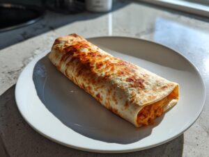 A single, golden-brown Baked Chicken Chimichanga resting on a white plate, showing melted cheese filling.