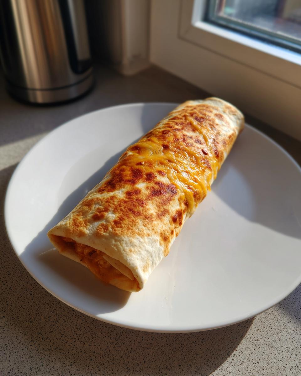 A single, golden-brown Baked Chicken Chimichanga topped with melted cheddar cheese, resting on a white plate.