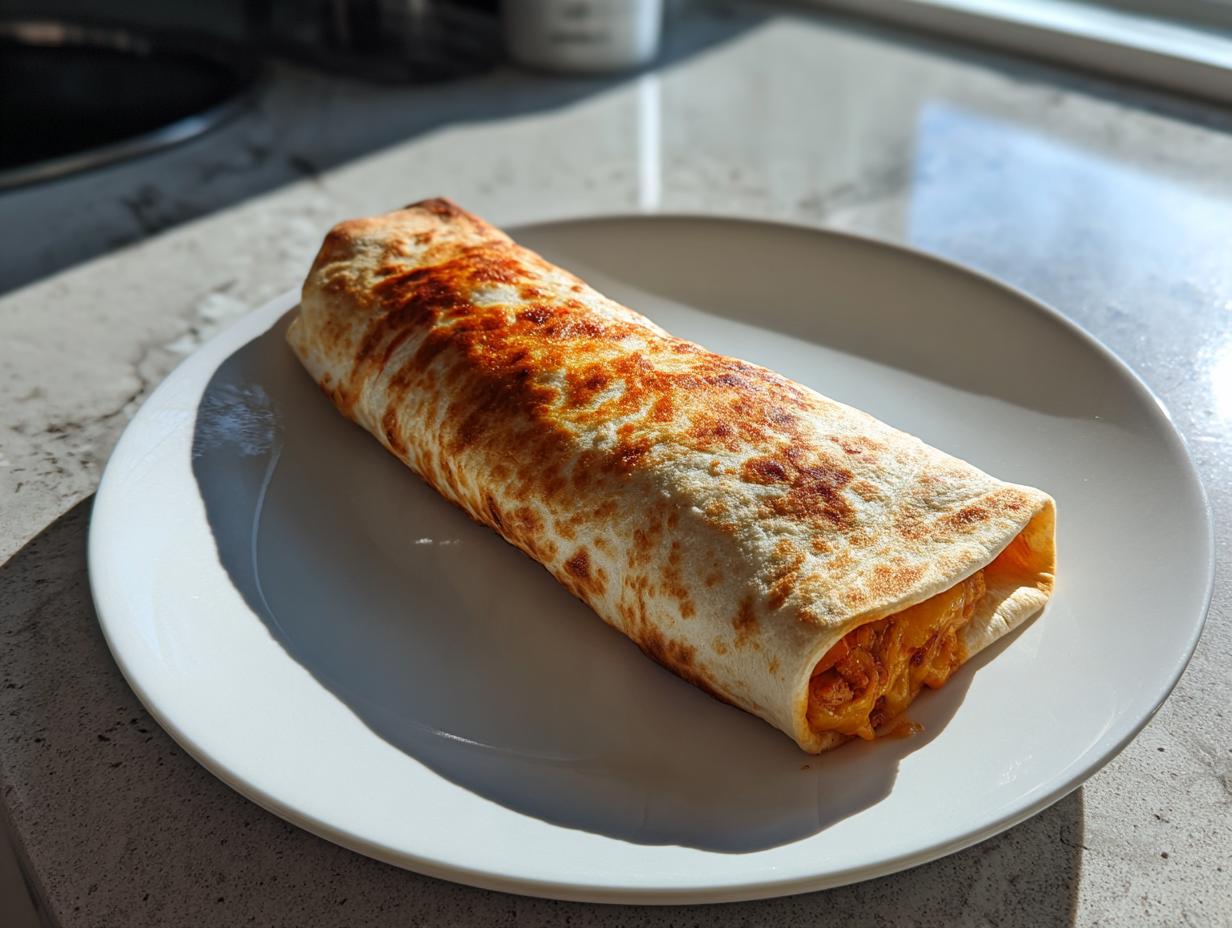 A single, golden-brown Baked Chicken Chimichanga resting on a white plate, showing melted cheese filling.
