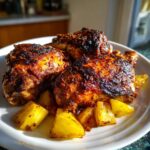 Close-up of baked Jamaican jerk chicken pieces with a dark, caramelized crust served with chunks of roasted pineapple.