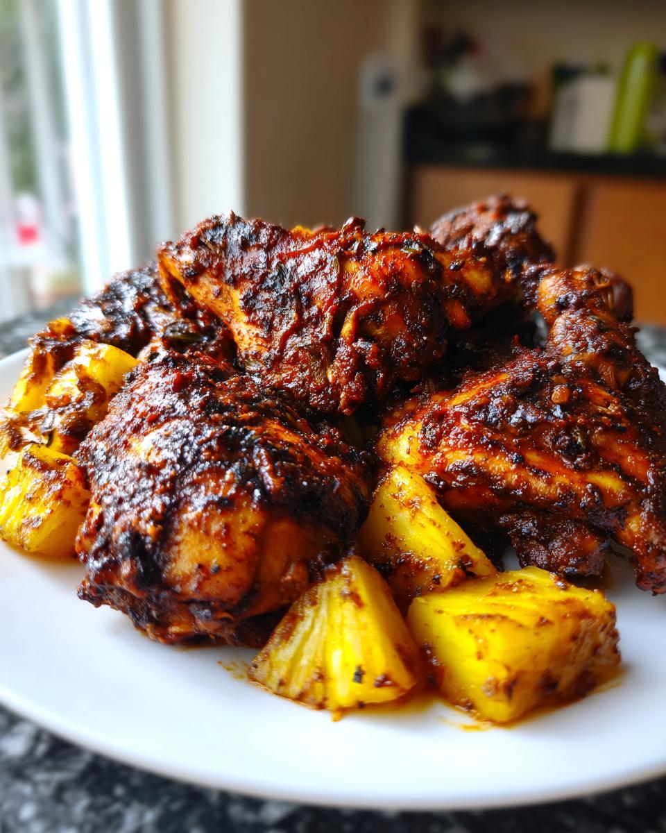 A close-up of baked Jamaican jerk chicken pieces served with caramelized pineapple chunks on a white plate.