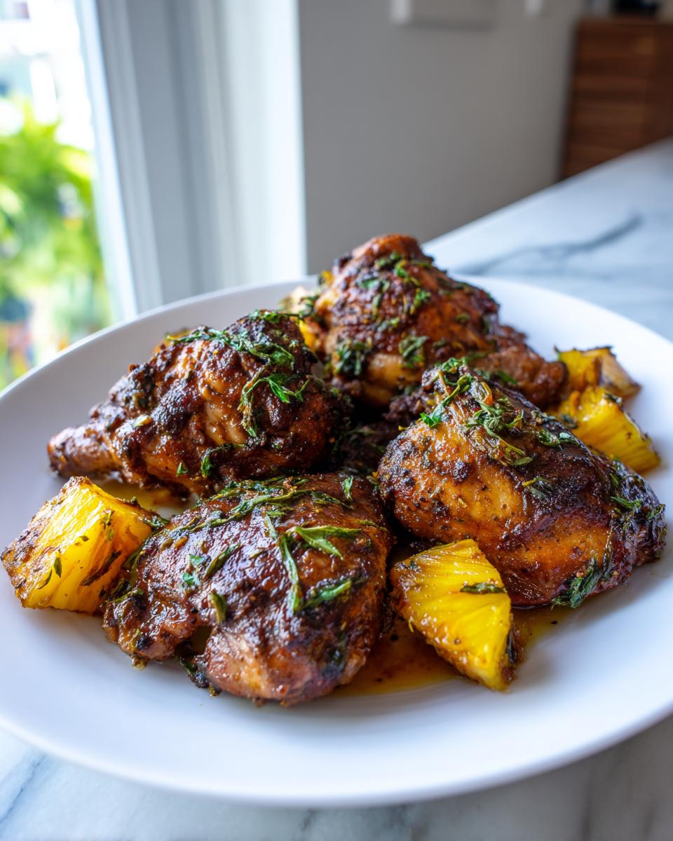 Four pieces of richly seasoned Jamaican jerk chicken served on a white plate with caramelized pineapple wedges.