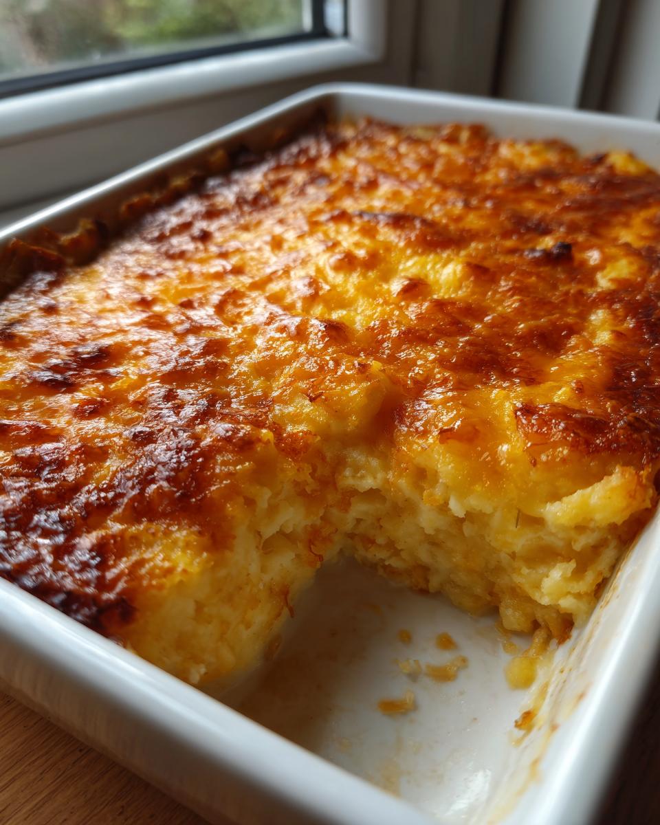 A close-up of golden brown baked mashed potatoes with a cheesy crust, showing a scoop removed from the white baking dish.