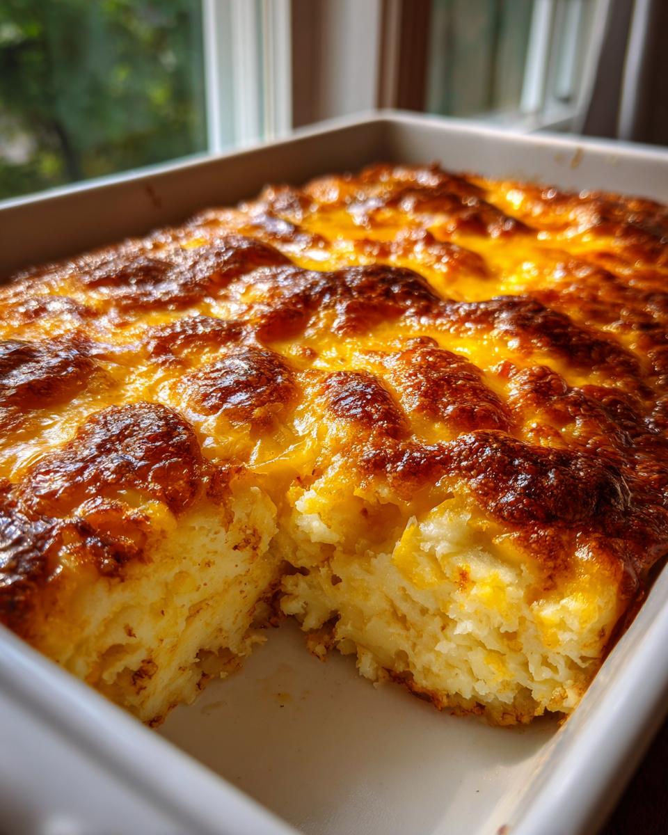 Close-up of baked mashed potatoes casserole with a deeply browned, cheesy crust.