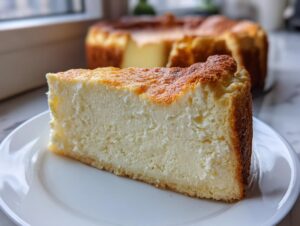 A thick slice of baked Protein Cheesecake with a creamy interior and golden-brown top, served on a white plate.