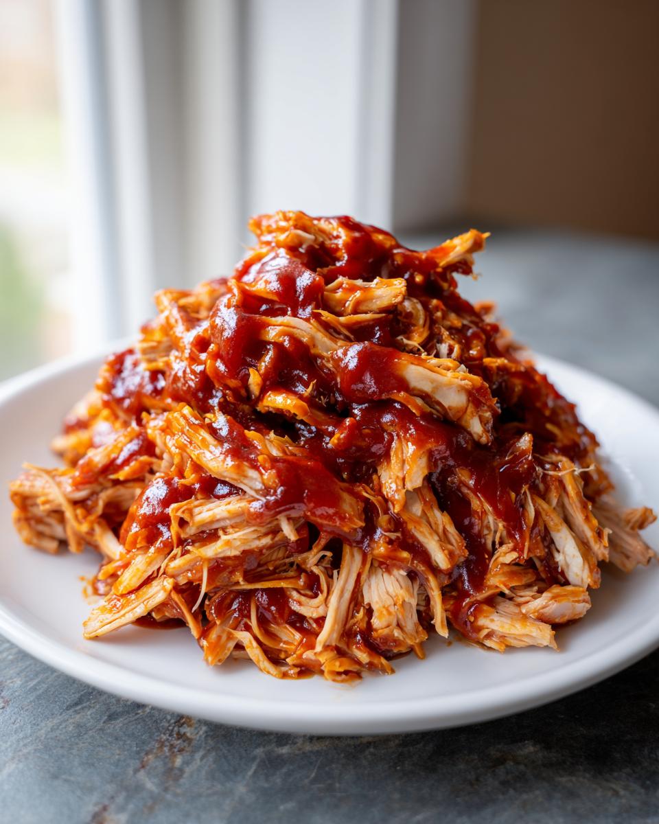 Close-up of a generous mound of saucy pulled chicken piled high on a white plate.