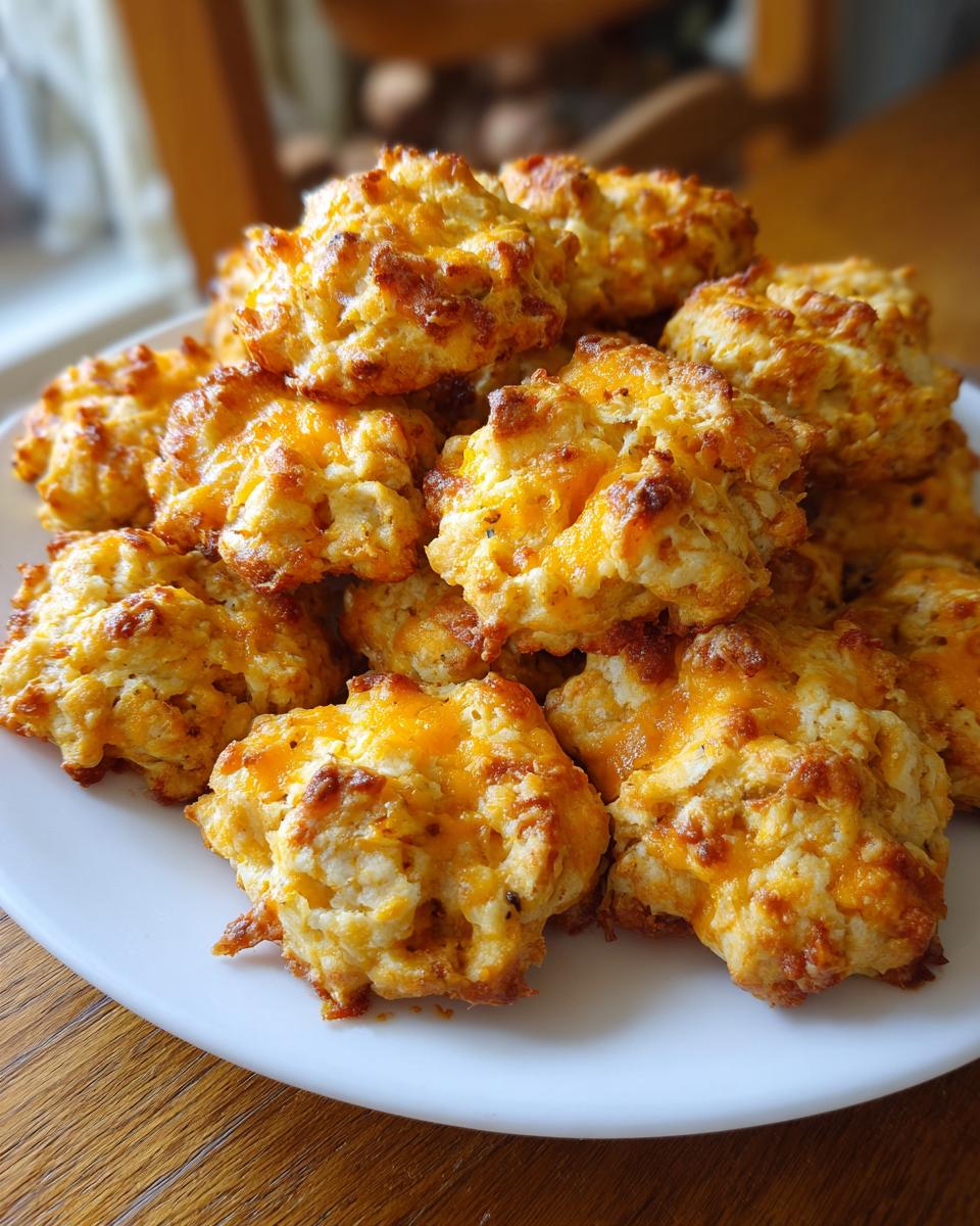 A mound of freshly baked, golden brown Bisquick sausage balls topped with melted cheddar cheese on a white plate.