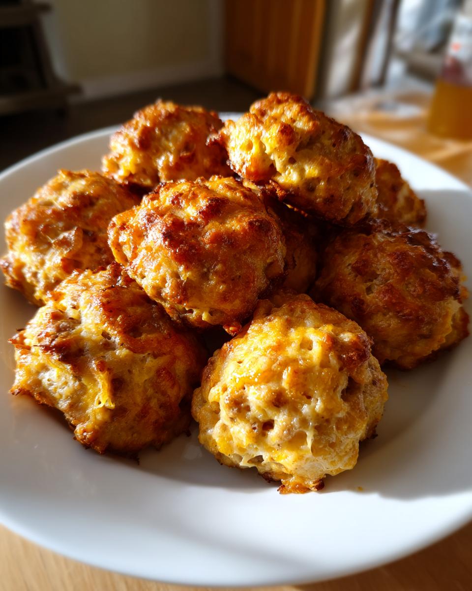 A pile of golden brown, cheesy Bisquick sausage balls stacked on a white plate, catching bright sunlight.