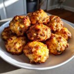 A pile of freshly baked, golden brown bisquick sausage balls with melted cheese on a white plate.