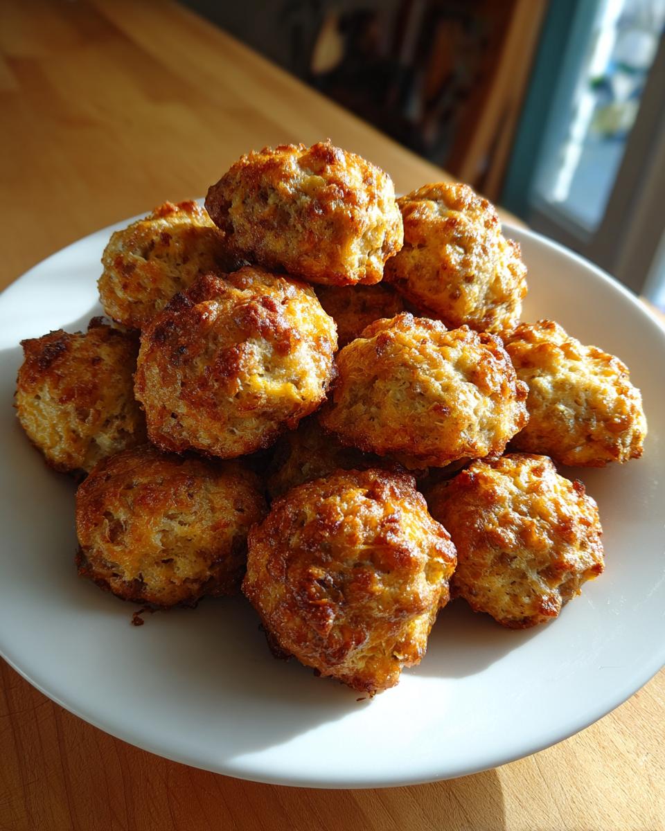 A pile of golden brown, freshly baked Bisquick sausage balls stacked high on a white plate.