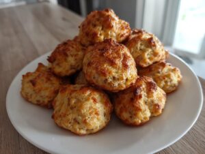 A pile of freshly baked, golden brown bisquick sausage balls stacked high on a white plate.