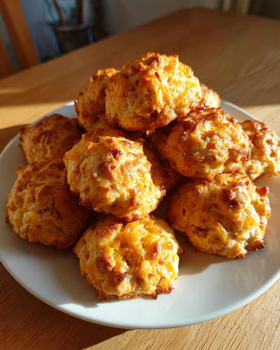 A pile of freshly baked, golden brown bisquick sausage balls stacked on a white plate in bright sunlight.