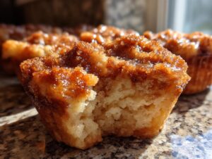 Close-up of a french toast muffin with a bite taken out, showing the soft interior and sticky cinnamon topping.