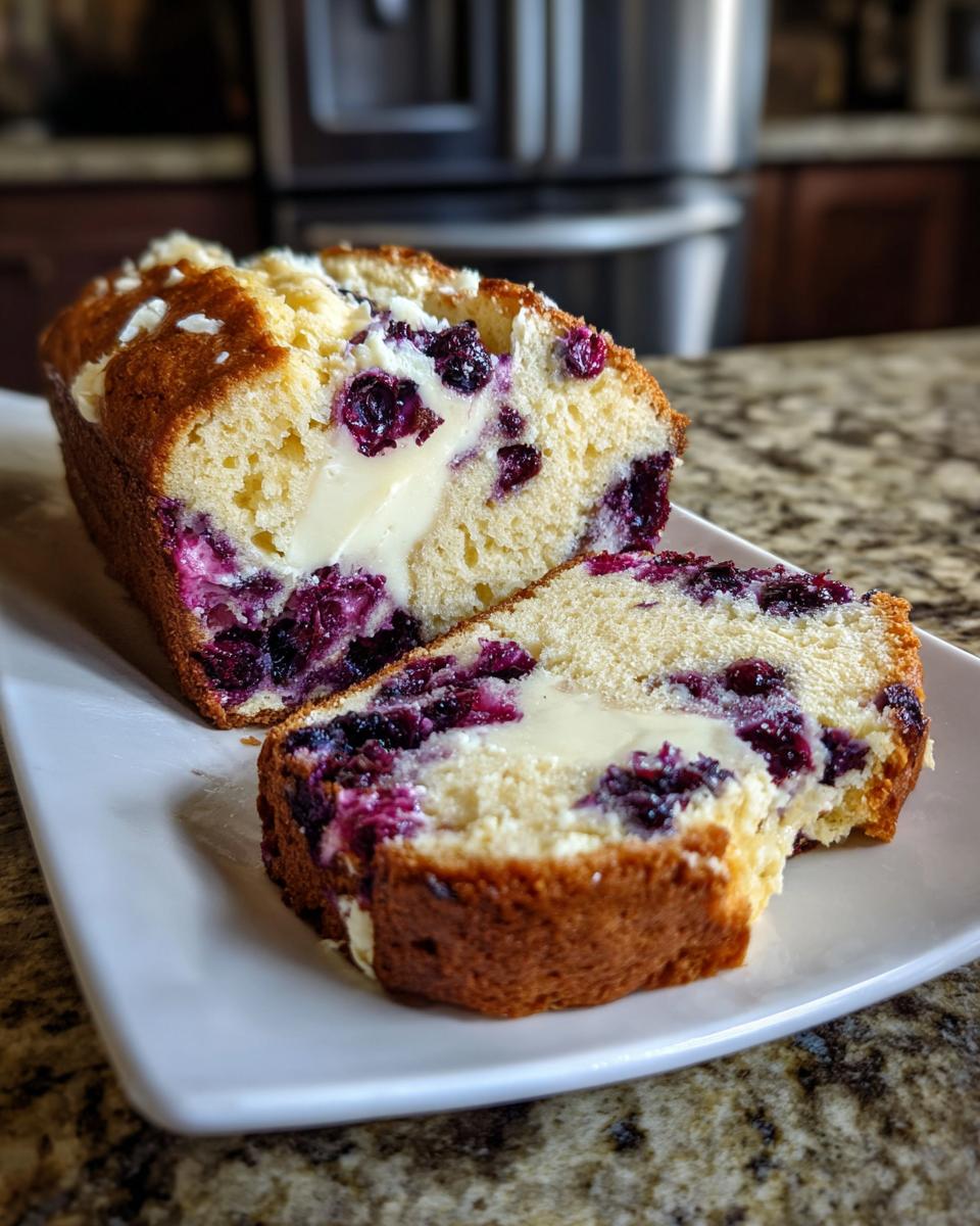 A thick slice cut from a loaf of Blueberry Cream Cheese Bread showing a rich swirl of cream cheese filling and burst blueberries.