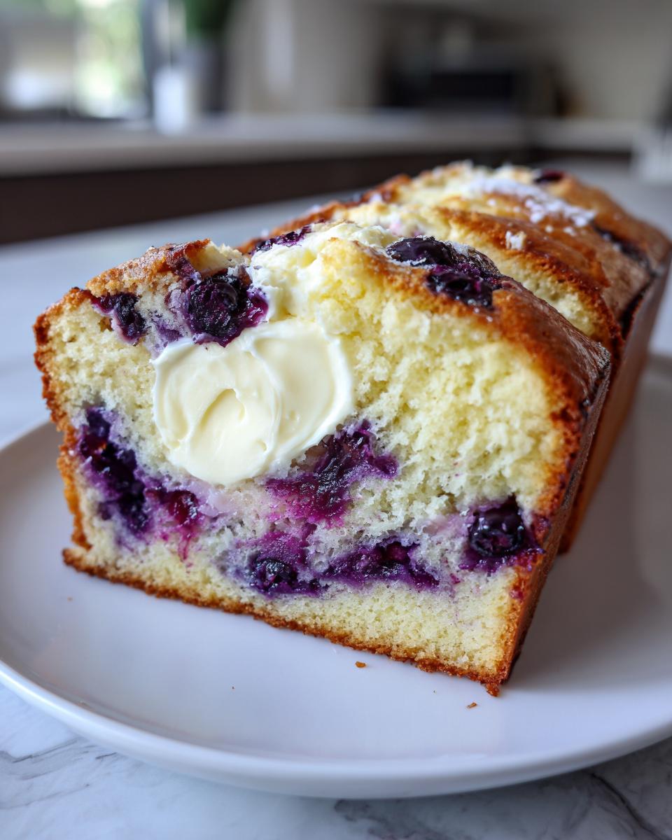 A thick slice of moist Blueberry Cream Cheese Bread topped with a dollop of cream cheese.