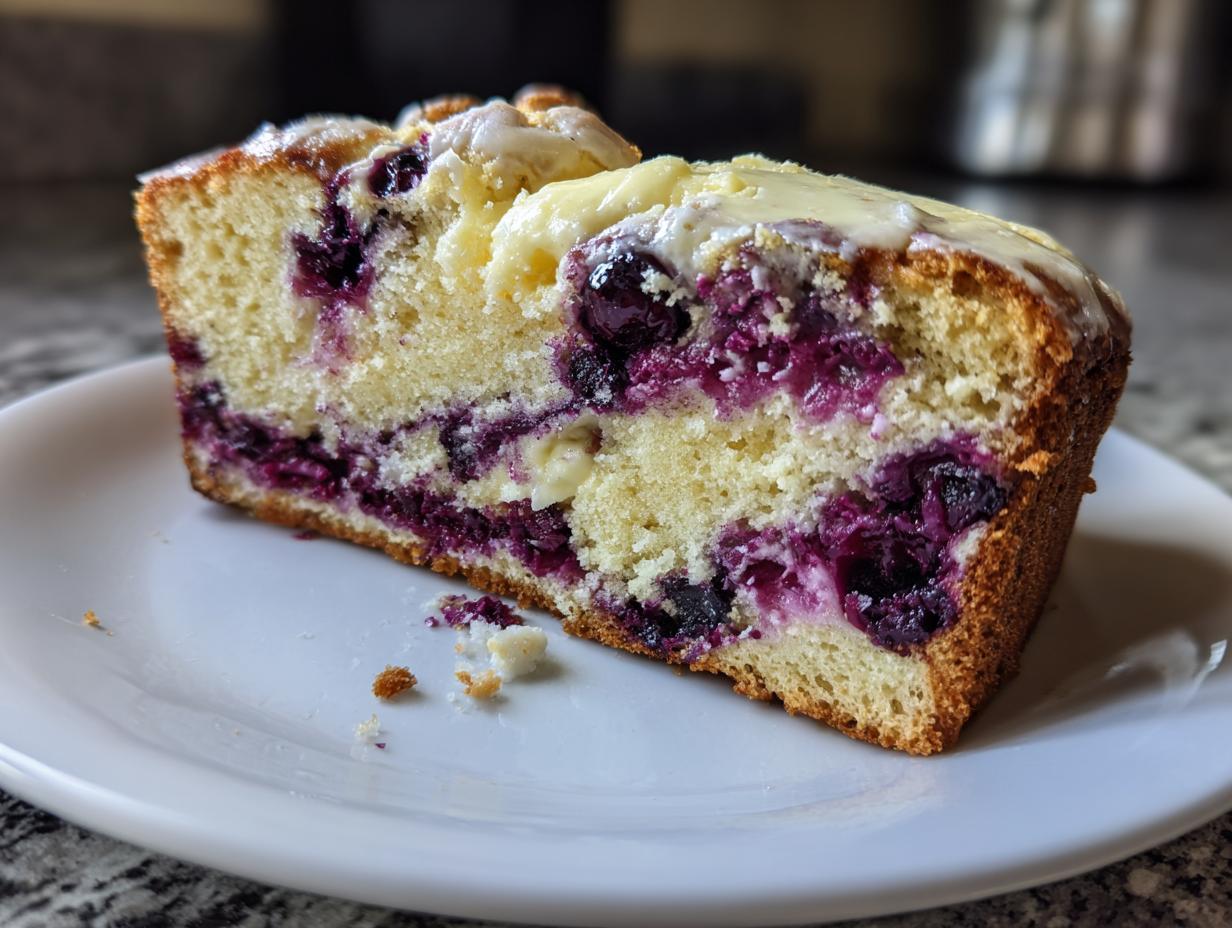 A thick slice of moist Blueberry Cream Cheese Bread showing swirls of purple blueberries and cream cheese filling, topped with a light glaze.