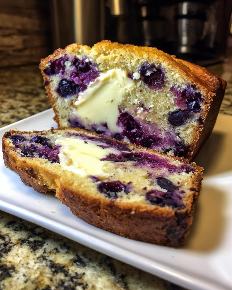 Two slices of rich Blueberry Cream Cheese Bread, showing the bright purple berries and creamy center, served on a white plate.