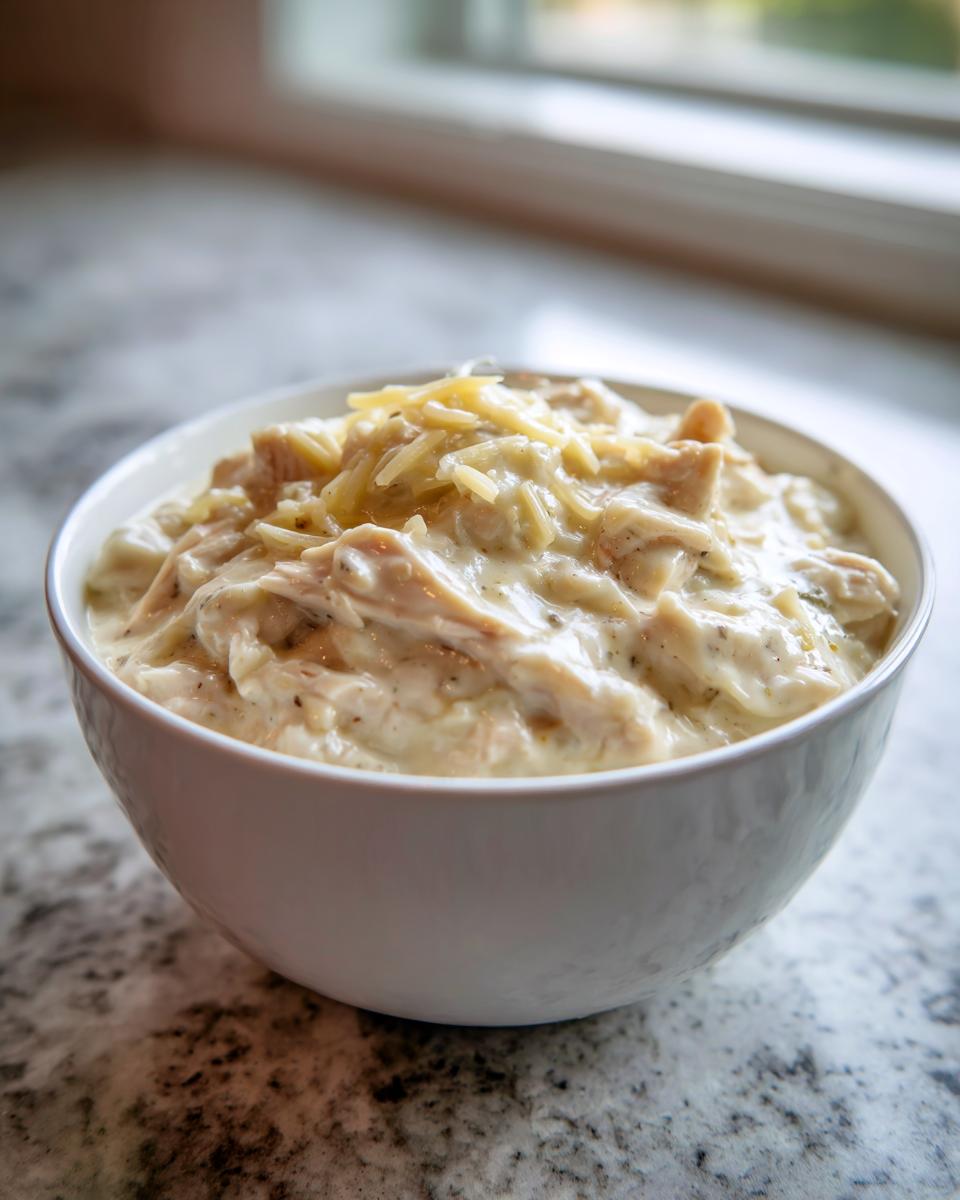 A white bowl filled with creamy, shredded chicken chili, topped with shredded cheese, representing cream cheese chicken chili.