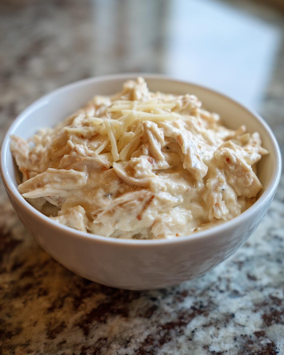 A close-up of a white bowl filled with creamy, shredded cream cheese chicken chili, topped with shredded cheese.