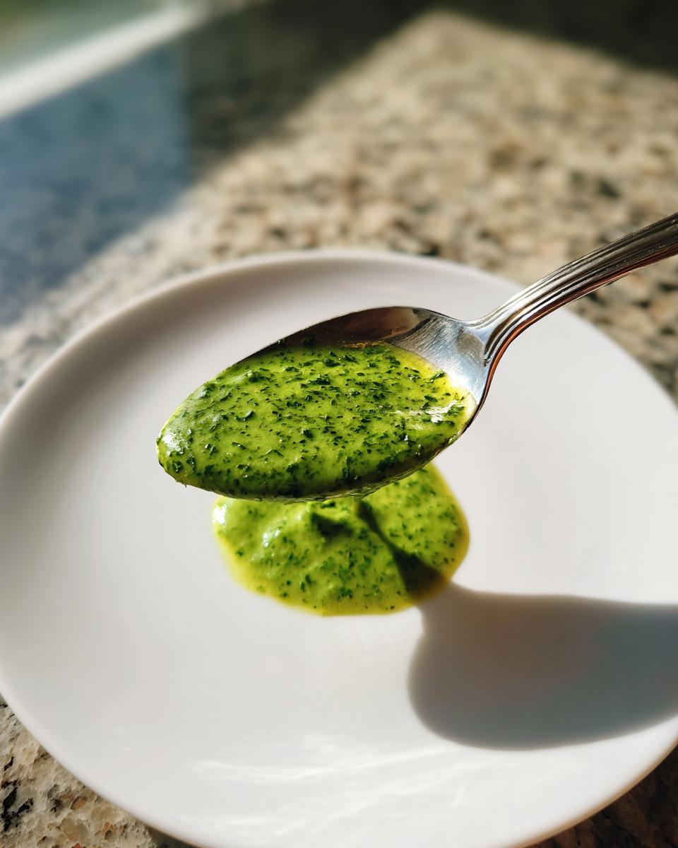 A spoonful of bright green cilantro lime sauce being lifted above a white plate, showing texture.