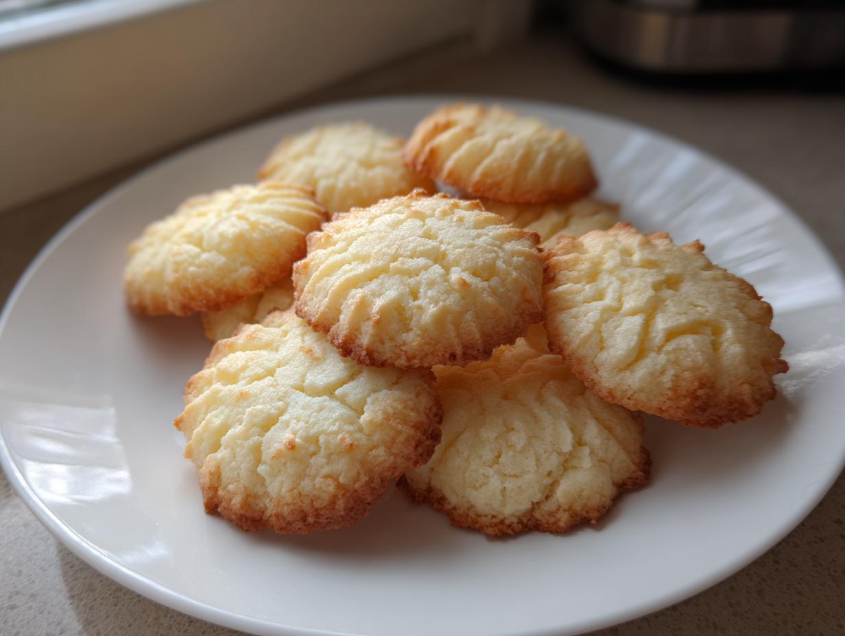A pile of freshly baked, golden-edged butter cookie treats arranged on a white plate.