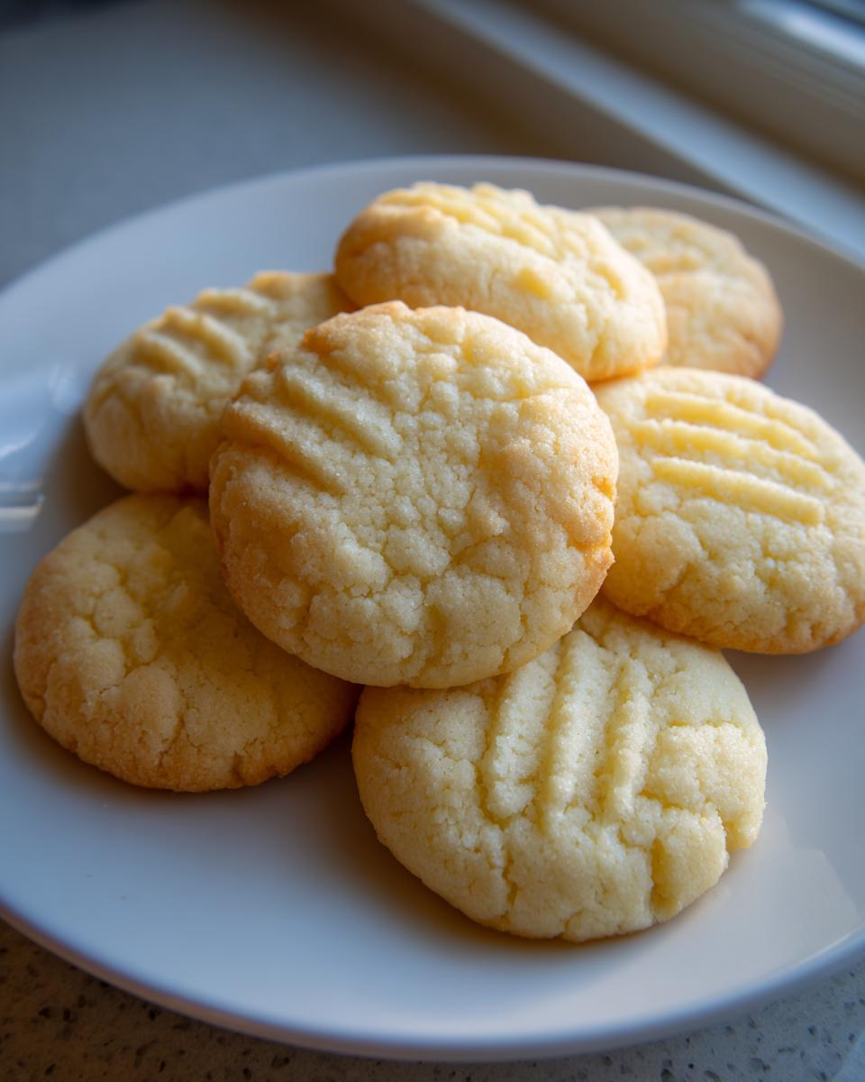 A pile of freshly baked, golden butter cookie treats with fork marks on a white plate.