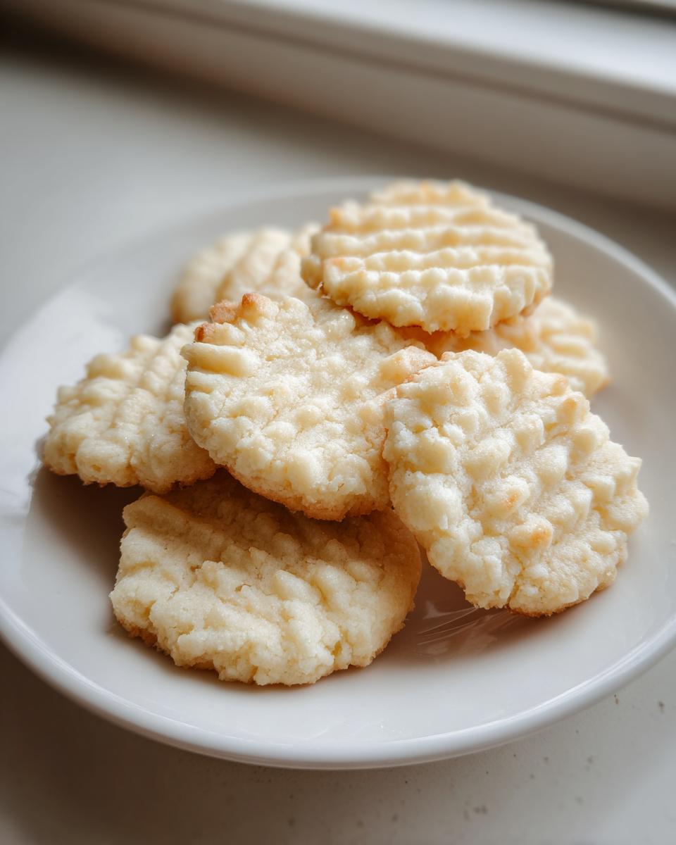 A small stack of pale, textured butter cookie treats resting on a white plate near a window.