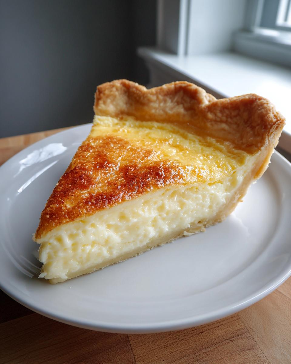 A perfect slice of creamy buttermilk pie with a golden-brown, slightly caramelized top, served on a white plate.