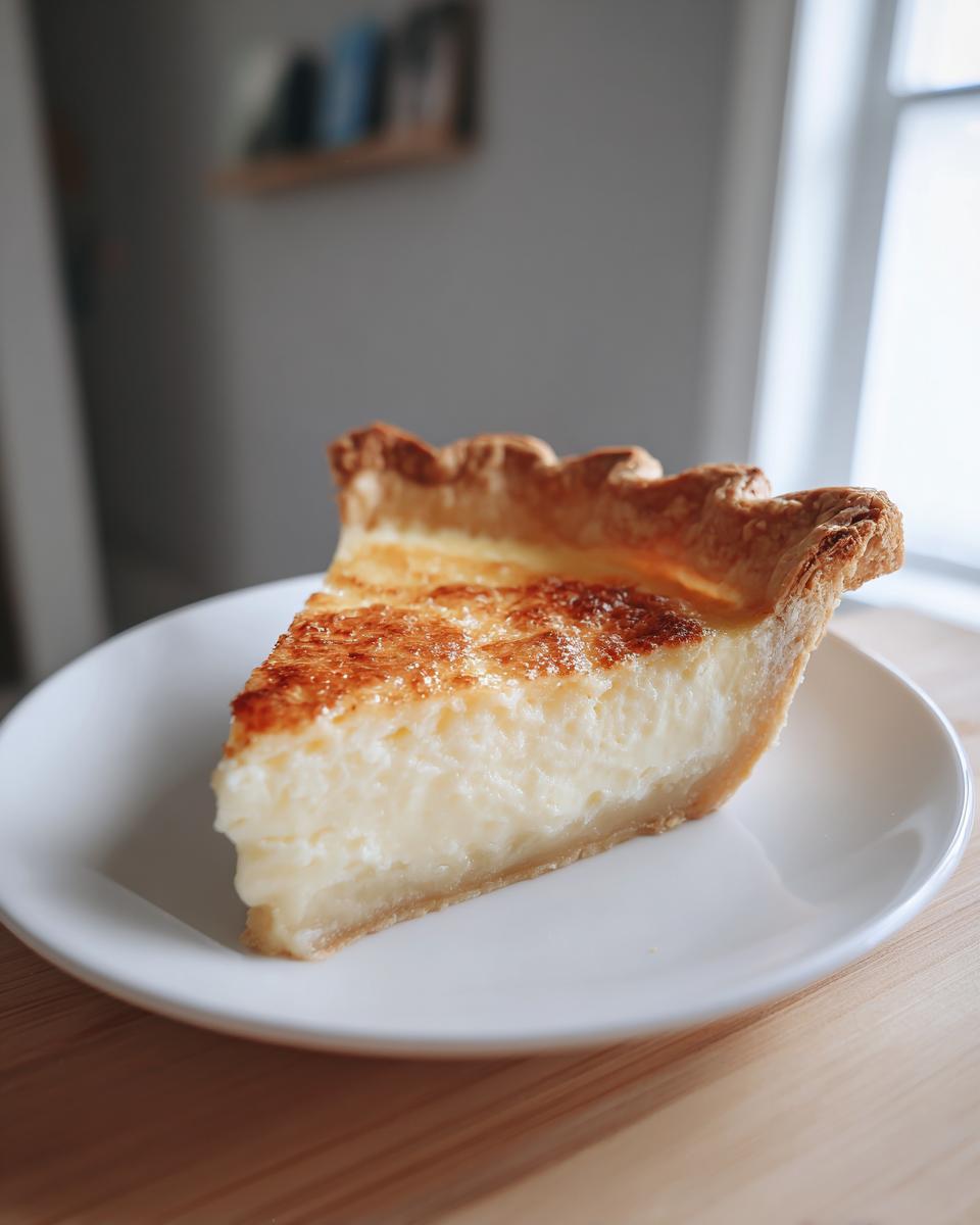 A close-up of a creamy slice of buttermilk pie on a white plate, showing the caramelized top.