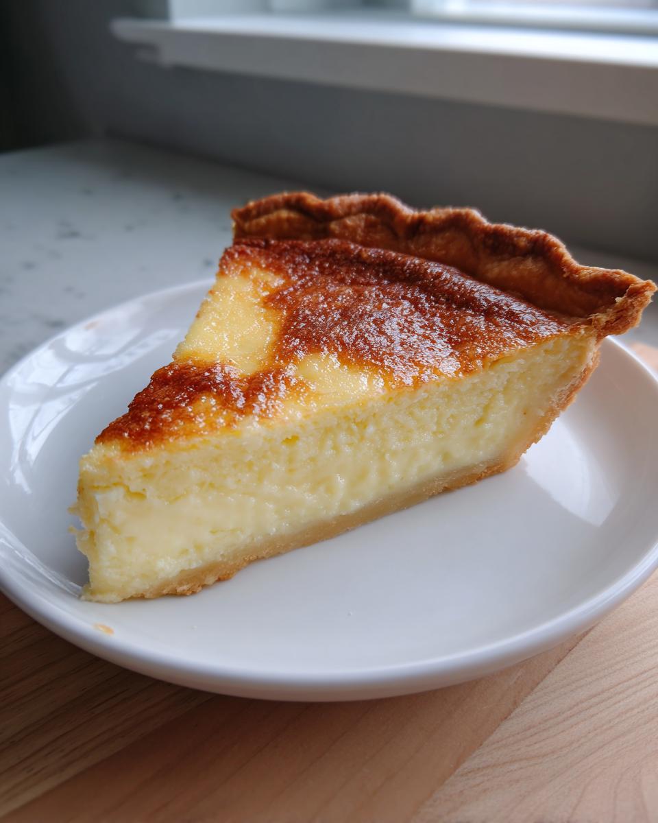 A close-up slice of creamy buttermilk pie with a beautifully browned top crust, served on a white plate.