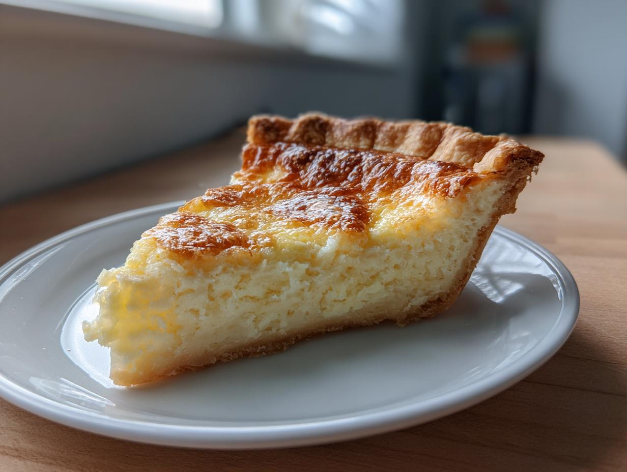 A close-up of a thick slice of buttermilk pie with a golden-brown, slightly caramelized top, resting on a white plate.
