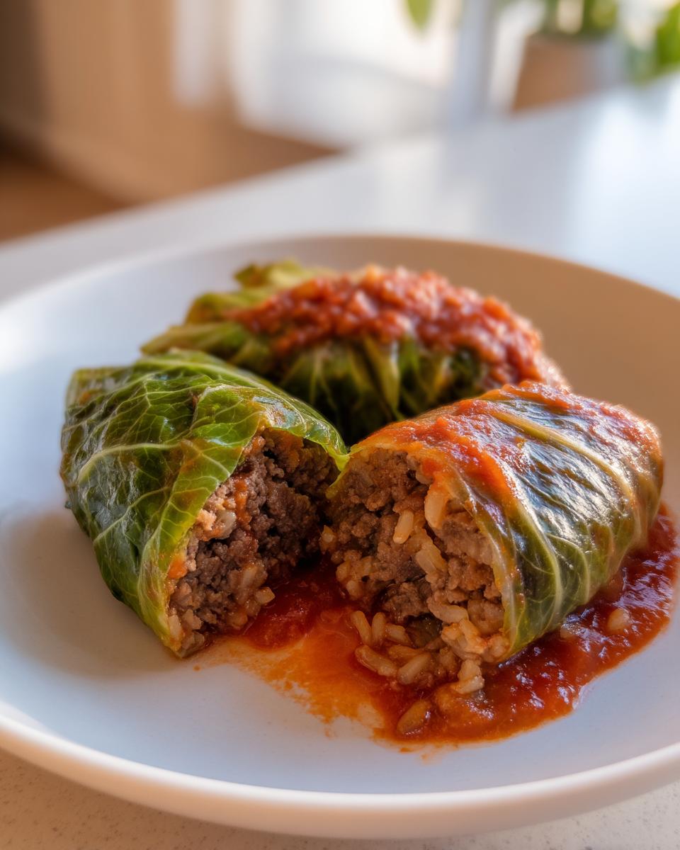 Three homemade cabbage rolls served on a white plate, one cut open showing the ground meat and rice filling.